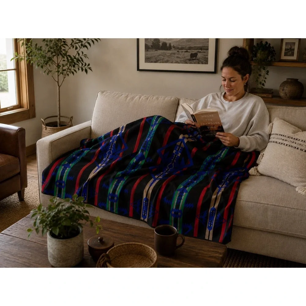 Pendleton Beaver State Wool Blanket Robe Shawl Blue Black Large Good Geometric